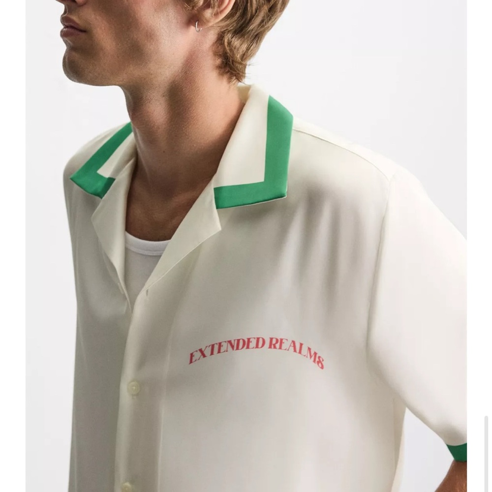 Satin shirt and shorts contrast stripe. Set- Size XL. Cream and Green color - Picture 9 of 13